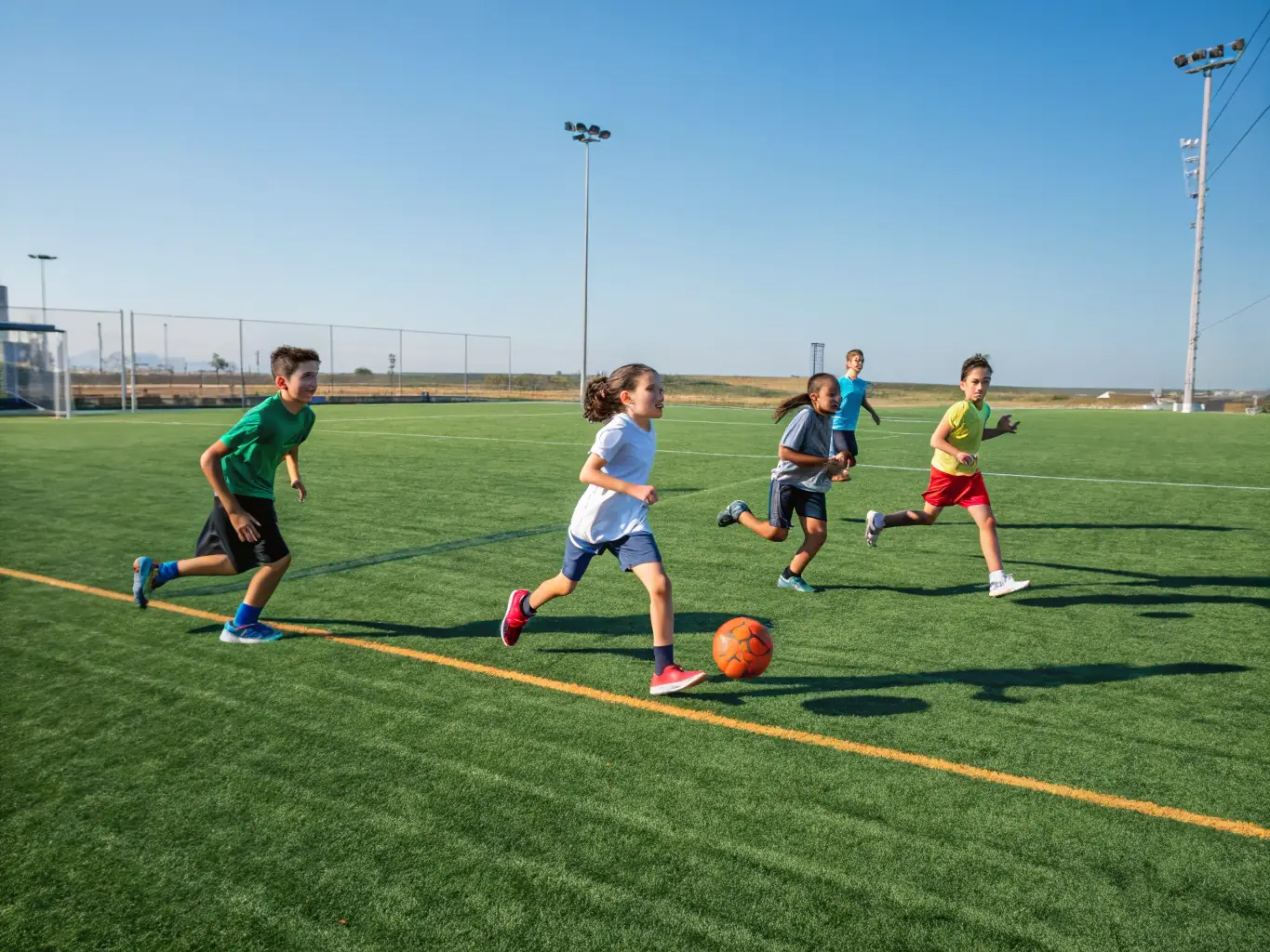 An image depicting a group of people playing a friendly game of soccer in a local park, representing A C O A CIEL OUVERT's commitment to promoting active lifestyles through sports.